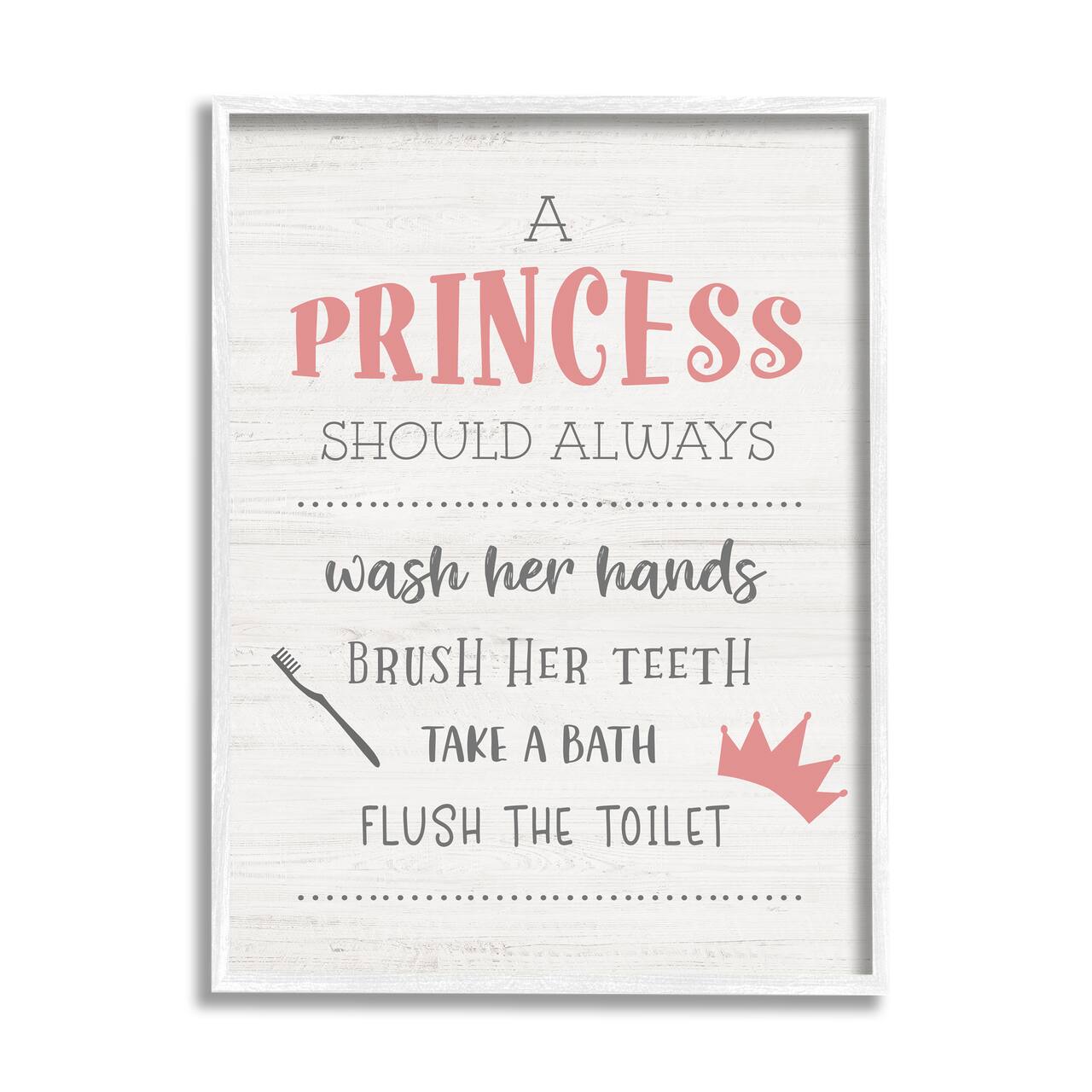 Stupell Industries Princess Bathroom Rules Good Hygiene Phrases Pink Crown Framed Wall Art